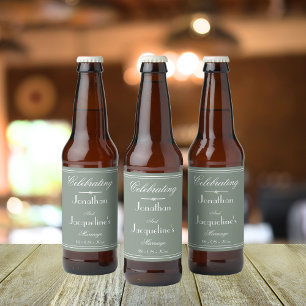Simple Rustic Sage Green Wedding Chic Script Names Beer Bottle Label