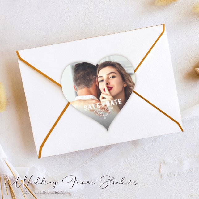 Simple Rustic Save the Date Photo Wedding Favour Heart Sticker (Creator Uploaded)