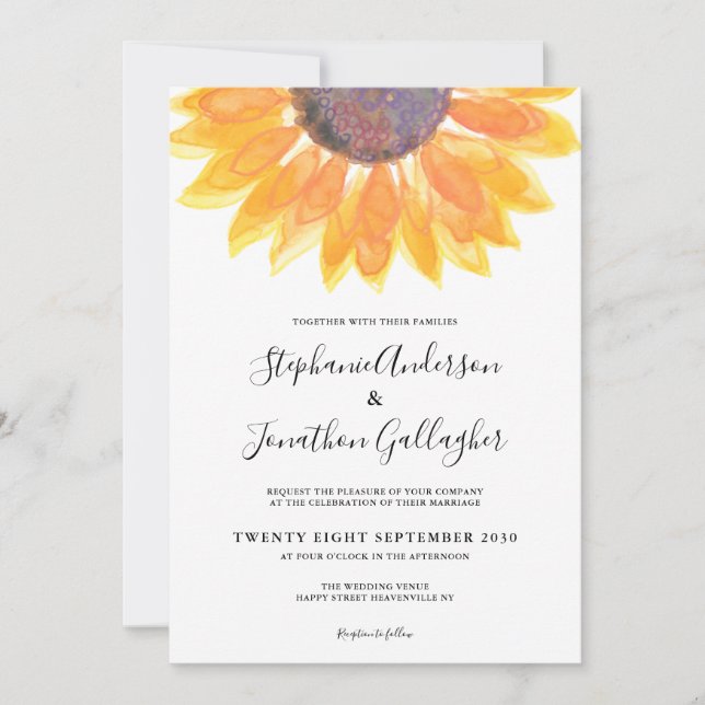 Simple Rustic Sunflower Watercolor Wedding  Invitation (Front)