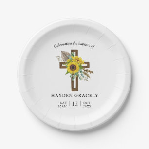 Simple Rustic Sunflower Wooden Cross Baptism Paper Plate