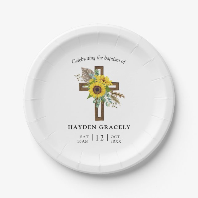 Simple Rustic Sunflower Wooden Cross Baptism Paper Plate (Front)
