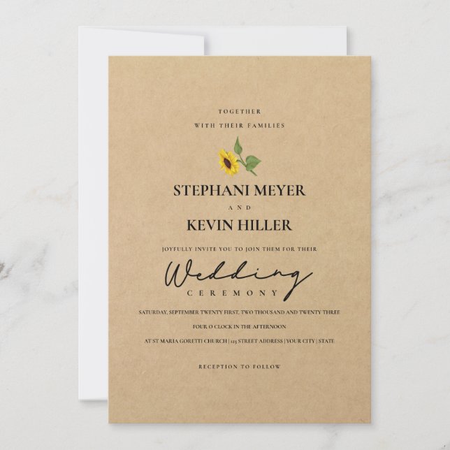 Simple Rustic Sunflowers Kraft Paper Photo Wedding Invitation (Front)