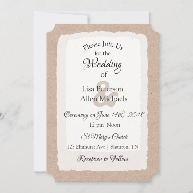 Simple Rustic Tan and White Wedding invitations (Front)