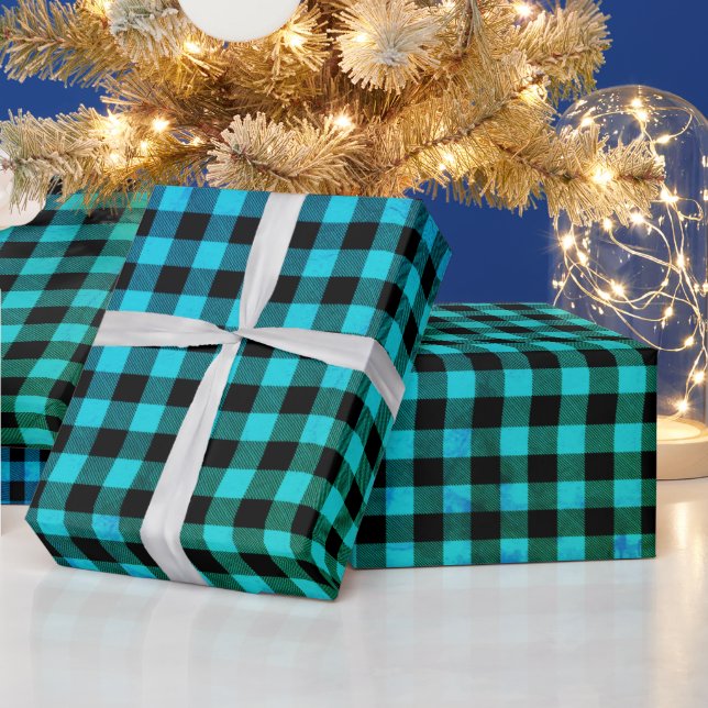 Simple Rustic Teal Blue Black Buffalo Plaid Checks Wrapping Paper (Holidays)