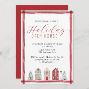 Simple Rustic Watercolor Holiday Open House Red Invitation