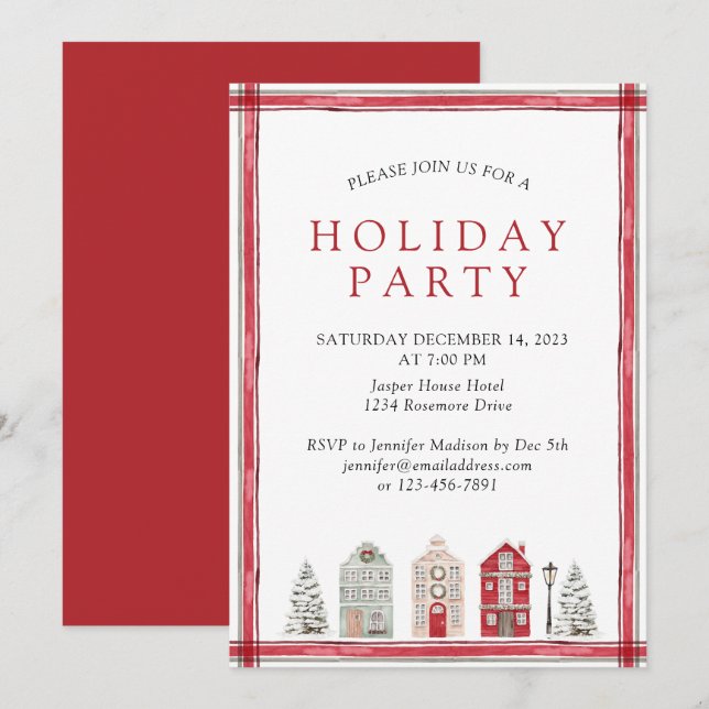 Simple Rustic Watercolor Holiday Party Red Invitation (Front/Back)