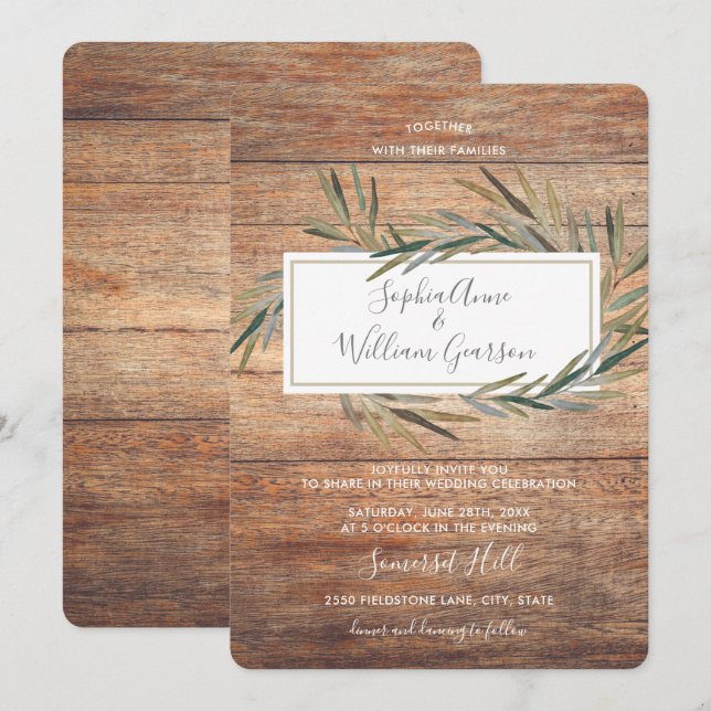 Simple Rustic Wedding Barn Wood & Watercolor Herb Invitation (Front/Back)