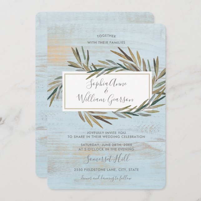 Simple Rustic Wedding Blue Wood & Watercolor Herb Invitation (Front/Back)