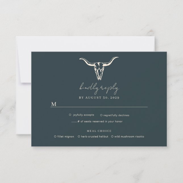Simple Rustic Wedding Cow Skull Teal Wedding RSVP (Front)