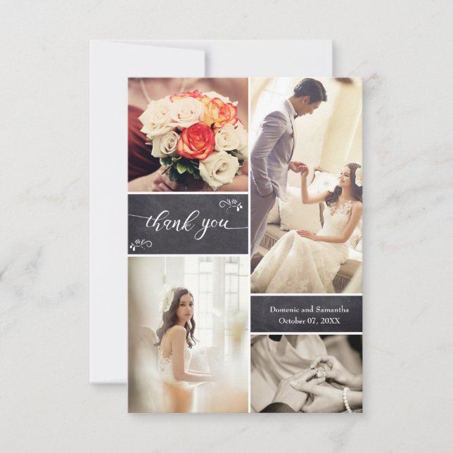 Simple Rustic Wedding Photo collage on chalkboard Thank You Card (Front)