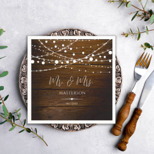 Simple Rustic Wood and String Lights Wedding Napkin