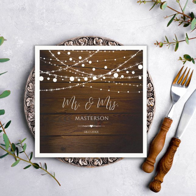 Simple Rustic Wood and String Lights Wedding Napkin (Creator Uploaded)