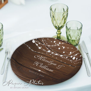 Simple Rustic Wood and String Lights Wedding Paper Plate