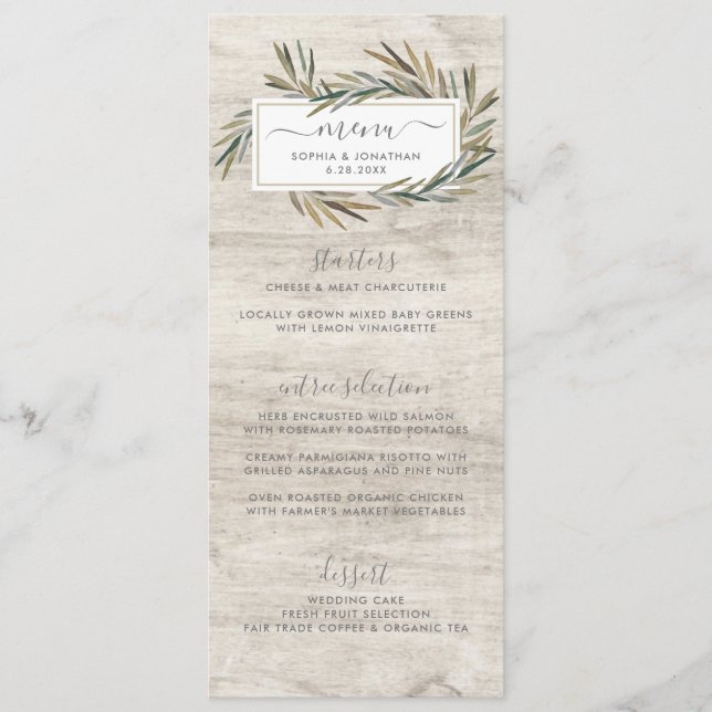 Simple Rustic Wood Botanical Herb Wedding Menu (Front)