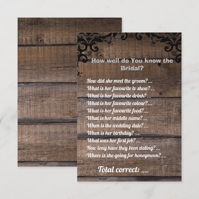 Simple Rustic Wood Bridal Shower Game Invitation (Front/Back)