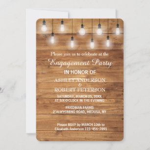 Simple Rustic Wood  Lights Engagement Party Invitation