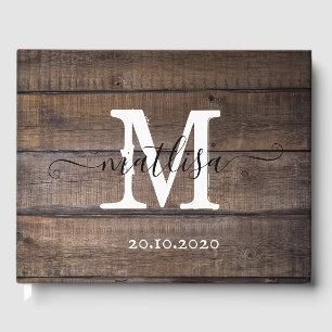 Simple Rustic Wood Monogram Script Initial  Guest Book