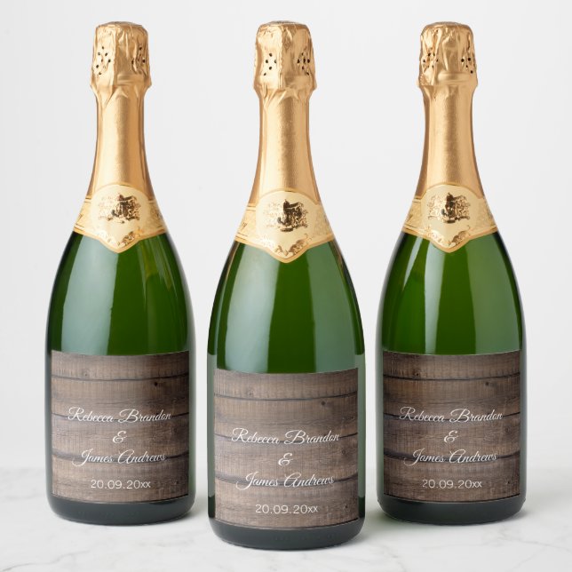 Simple Rustic Wood Wedding Sparkling Wine Label Se (Bottles)