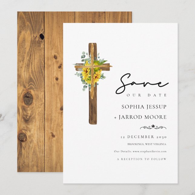 Simple Rustic Wooden Cross Flower Greenery Wedding Save The Date (Front/Back)