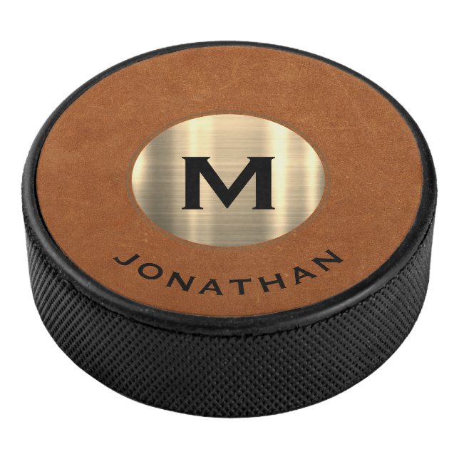 Simple Sable Gold Classic Monogram Name Hockey Puck (3/4)