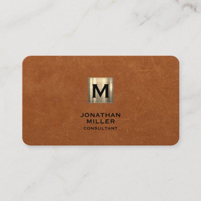 Simple Sable Leather Gold Monogram Business Card (Front)