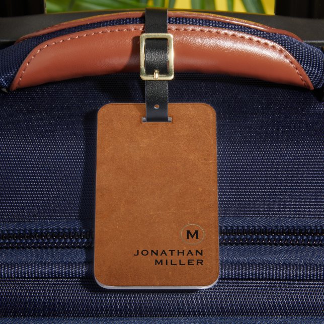 Simple Sable Leather Gold Monogram Luggage Tag (Front Insitu 2)