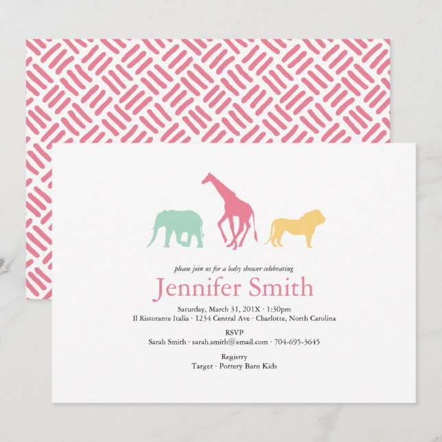 Simple Safari Animal Silhouette Girl Baby Shower Invitation (Front/Back)