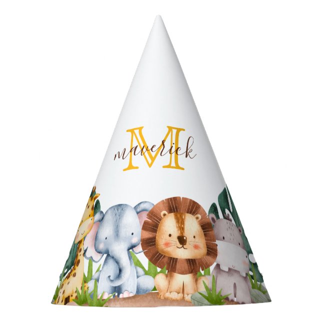 Simple Safari Jungle Monogram 1st Birthday Party Hat (Front)