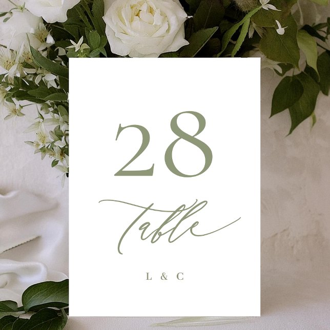 Simple Sage Green and White Modern Calligraphy Table Number (Creator Uploaded)