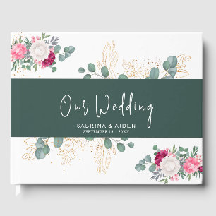 Simple Sage Green   Bllush Pink Floral Wedding Guest Book