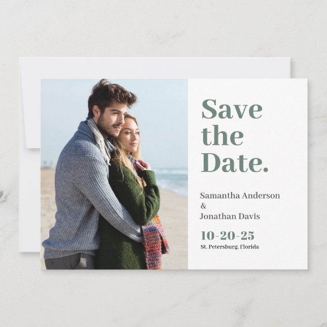 Simple Sage Green Bold Typography Photo Save The Date (Front)
