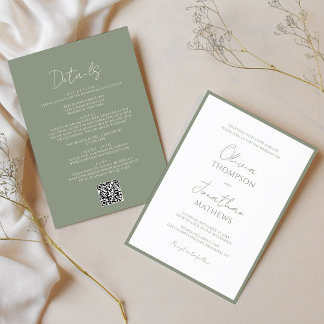 Simple Sage Green Border Script QR Code Wedding Invitation