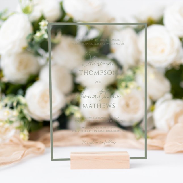 Simple Sage Green Border Script Wedding Acrylic Invitations (Creator Uploaded)