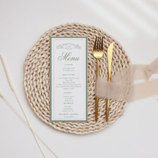 Simple Sage Green botanical crest monogram wedding Menu