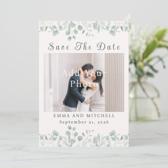 Simple Sage Green Botanical Minimalist Wedding Save The Date (Standing Front)