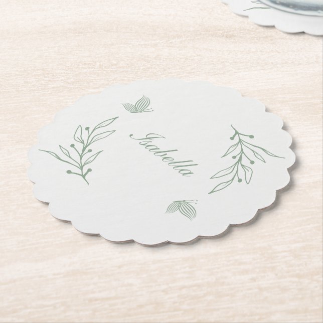 Simple sage green botanical wedding  paper coaster (Angled)