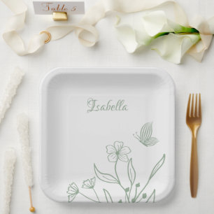 Simple sage green botanical wedding paper plate