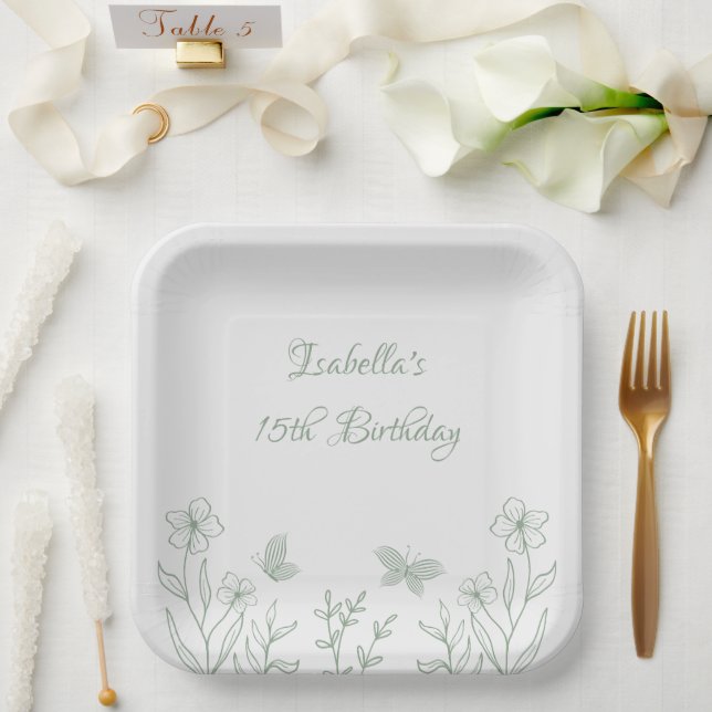 Simple sage green botanical wedding  paper plate (Wedding)