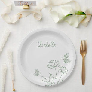 Simple sage green botanical wedding paper plate