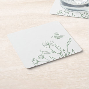 Simple sage green botanical wedding square paper coaster