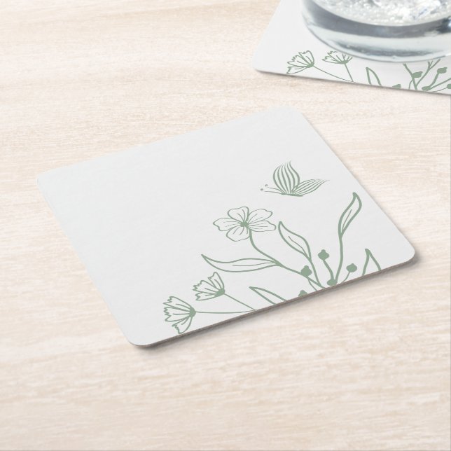Simple sage green botanical wedding  square paper coaster (Angled)