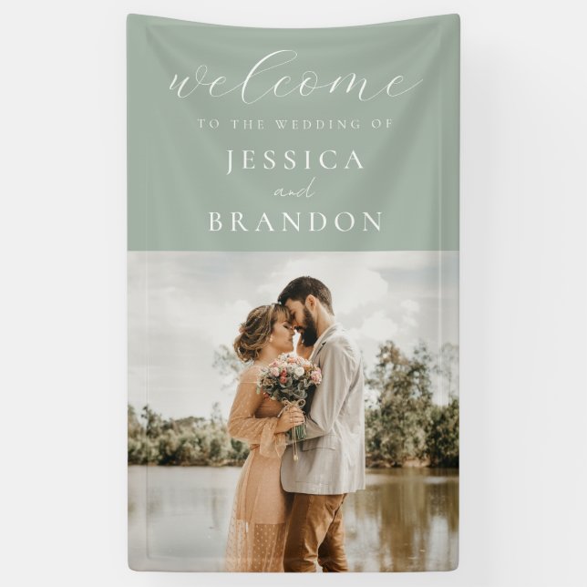 Simple Sage Green Chic Photo Wedding Welcome  Banner (Vertical)