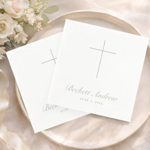 Simple Sage Green Cross Script Baptism Napkin