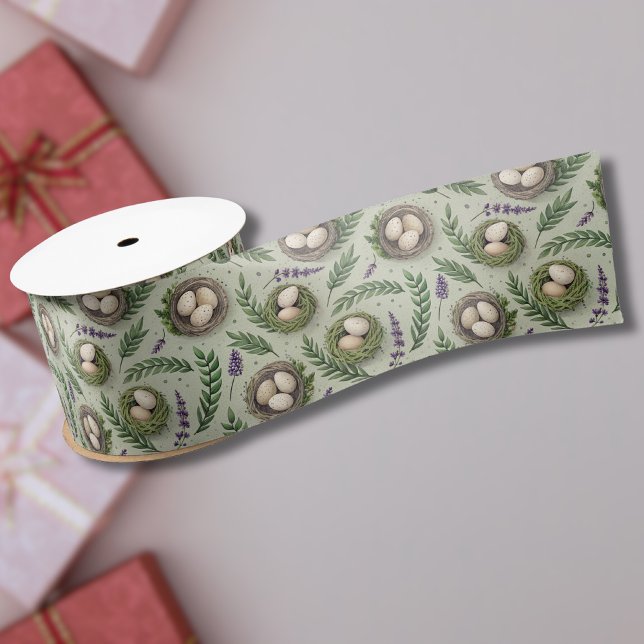 Simple Sage Green Easter Eggs Lavender Nest Satin Ribbon (Creator Uploaded)