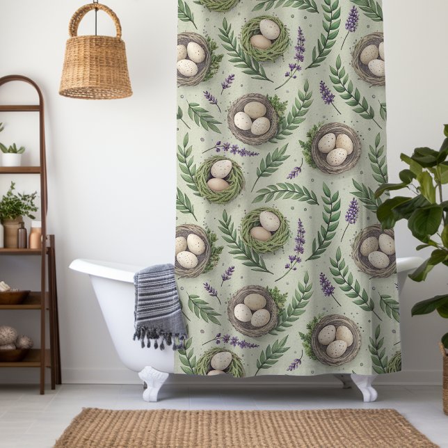 Simple Sage Green Easter Eggs Lavender Nest Shower Curtain (Creator Uploaded)
