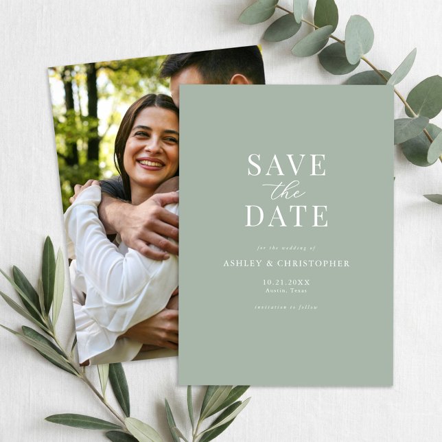 Simple Sage Green Elegant Photo Wedding Save The Date (Creator Uploaded)