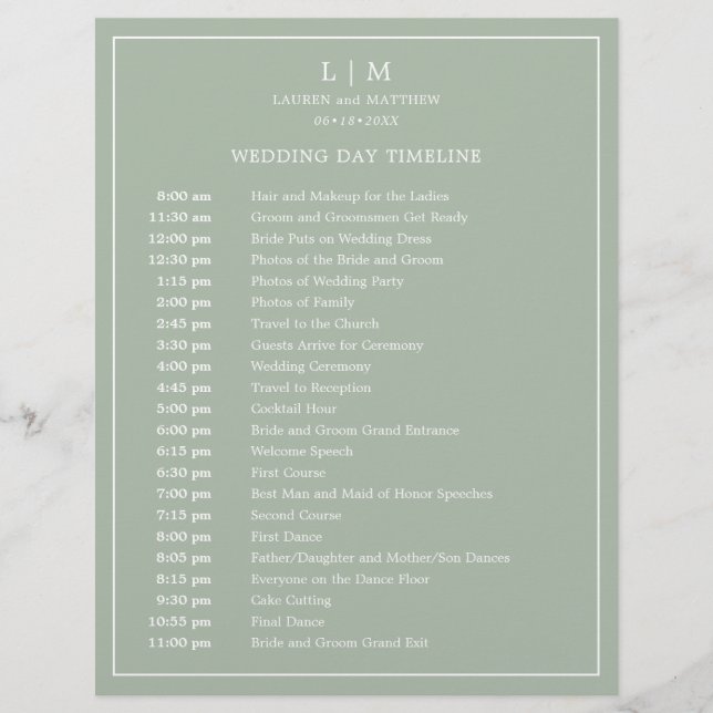 Simple Sage Green Elegant Wedding Timeline (Front)