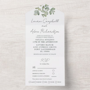 Simple Sage Green Eucalyptus Calligraphy Wedding All In One Invitation