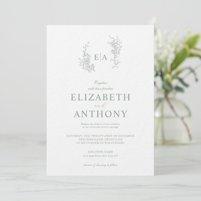 Simple Sage Green Floral Wedding Invitation (Standing Front)