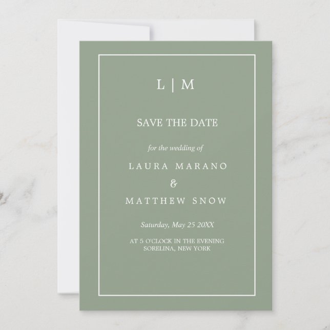Simple Sage Green Formal Monogram Wedding  Save The Date (Front)